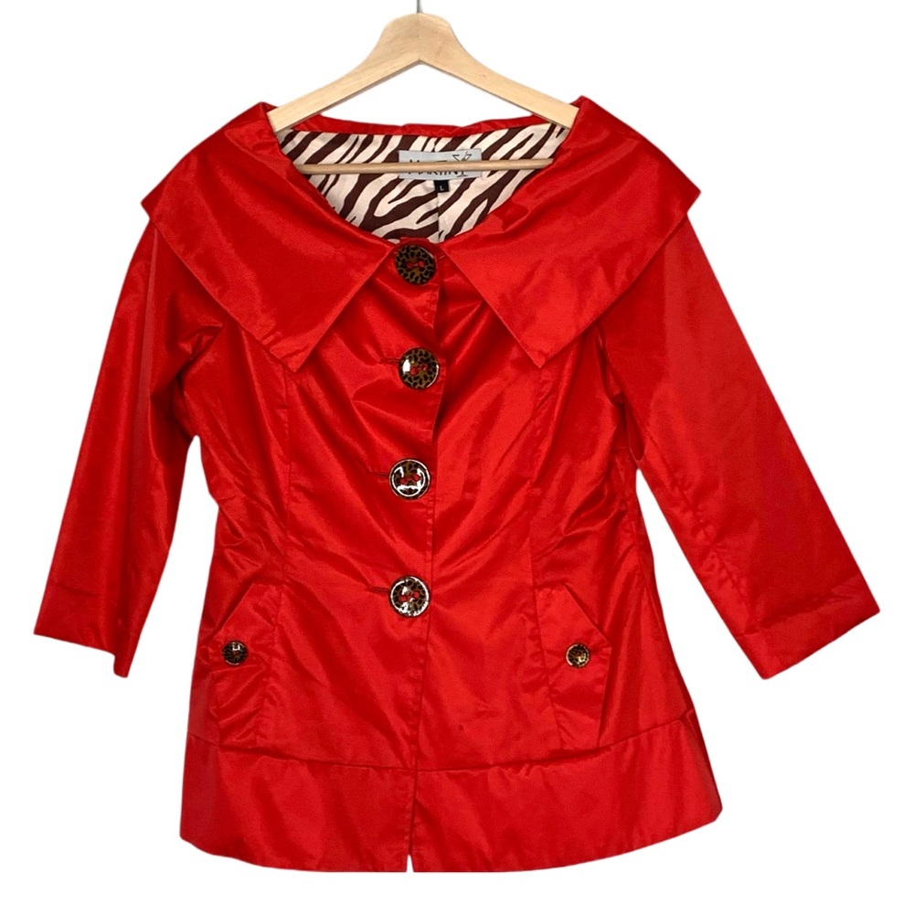 Martini Red Fitted Coat Jacket Large Animal Print Buttons Size Large